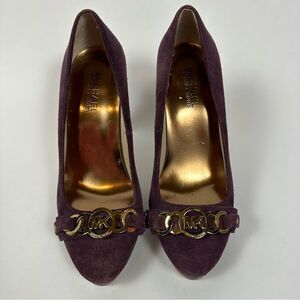 Michael Kors Women’s Purple Suede Platform Dress Heels Pumps Gold MK Logo 6